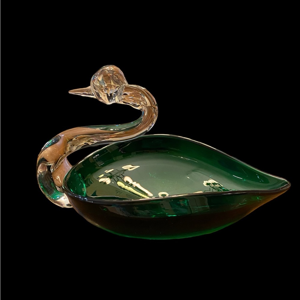 MCM Vintage Emerald Green Art Glass Swan Trinket Candy Dish